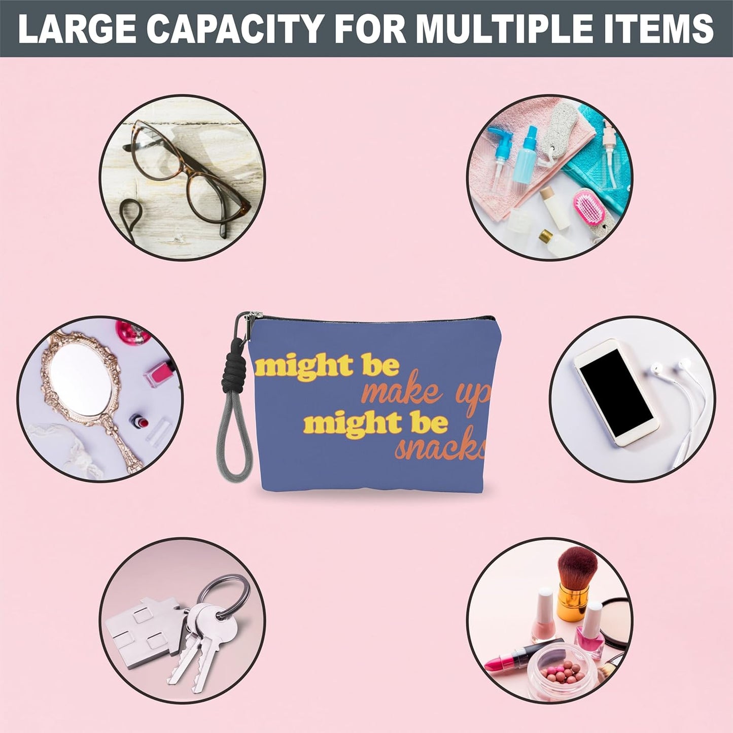 Make Up Bag For Woman, Cosmetic Bag With Hand Strap - Might Be Make Up Might Be Snacks - Lined Toiletry Bag - Retro Theme Pouch, Navy Organizer With Zipper, Women Essentials & Accessories - A17