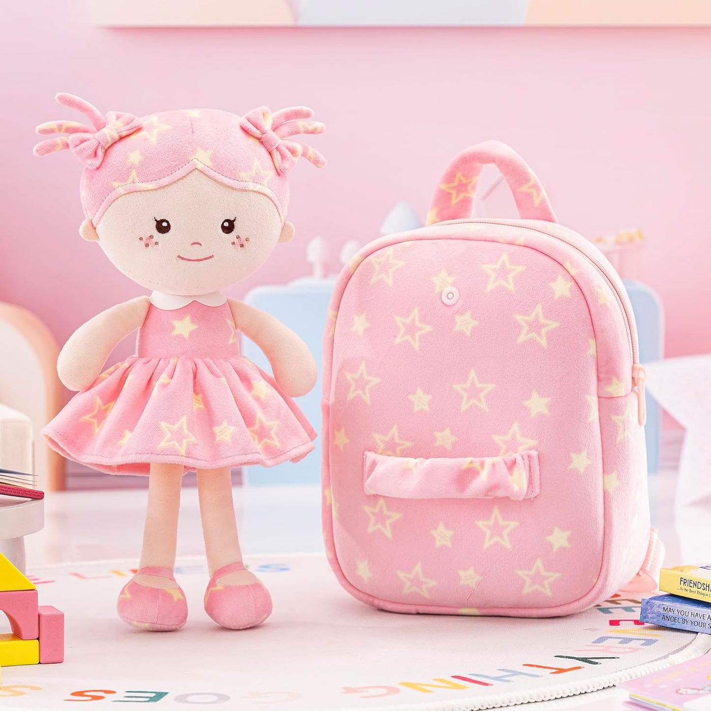 Onetoo Toddler Backpacks Back to School Gifts for Girls Kids Backpack with Soft Tanned Baby Dolls in Pink Star Dress 9"