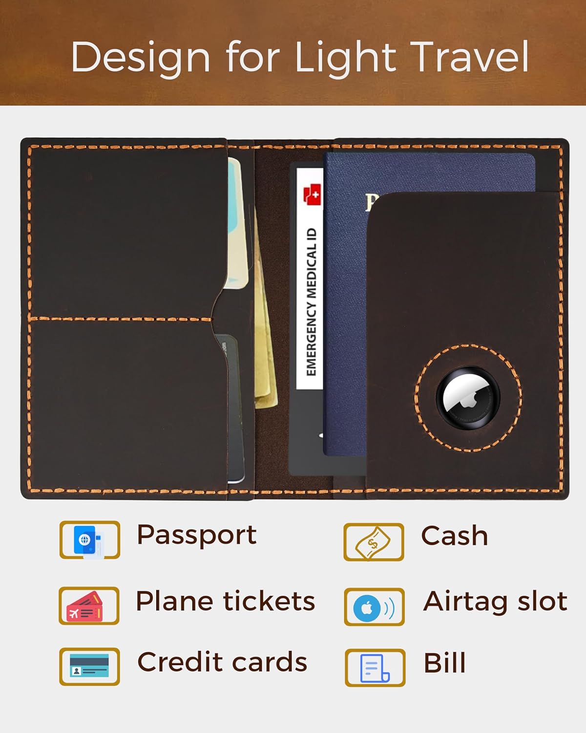 Passport Holder for Travel, Airtag Genuine Leather Passport Holder, Passport Cover Wallet Case for Women Men, Travel Essentials Gift, Coffee Brown