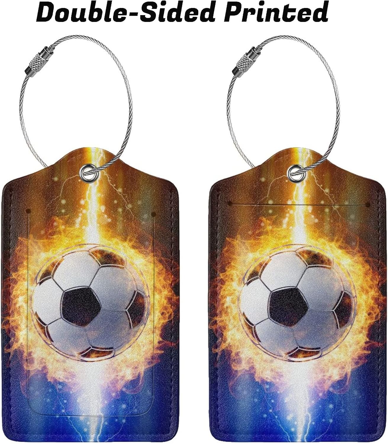 Kids Luggage Tags for Suitcases, 2 Piece Travel Suitcase Leather Bag Tags with Fire Soccer Ball Pattern for Sports Boys Men Women Teen Girls Travel, Identify ID Labels with Privacy Cover