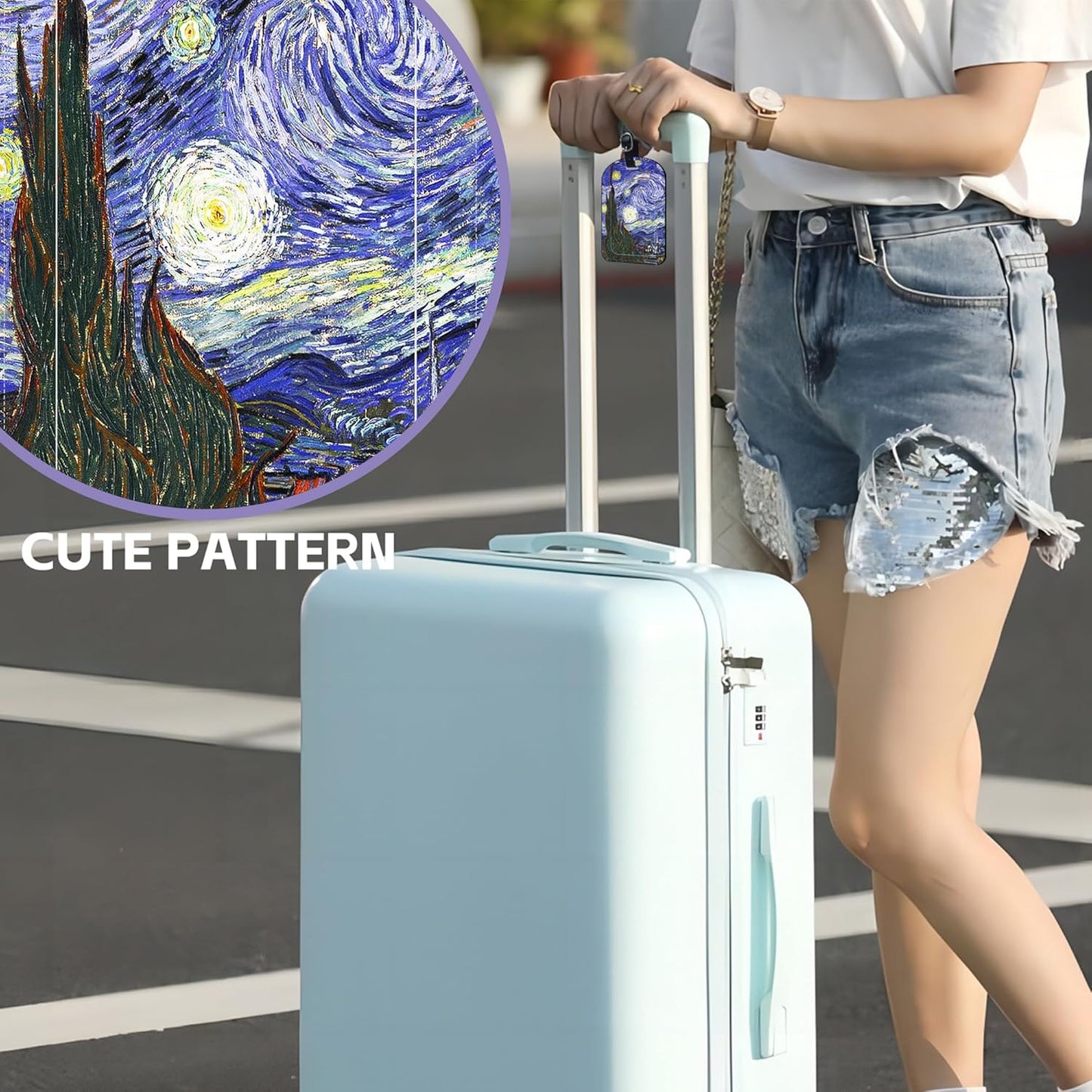 2 Pack Luggage Tags The Starry Night PU Leather Baggage Handbag Suitcase Tags with Secure Strap Privacy Cover ID Labels,Business Travel Baggage Tag Identifier
