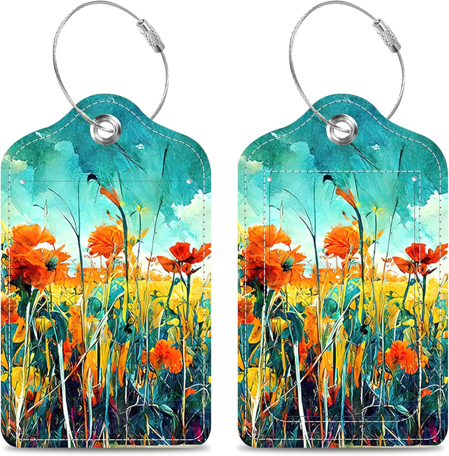 Watercolor Flowers Acrylic Drawing Luggage Tags 2PCS PU Leather Suitcases Tag with Stainless Steel Loop and Privacy Name Address Cover Label Card for Women Men Travel