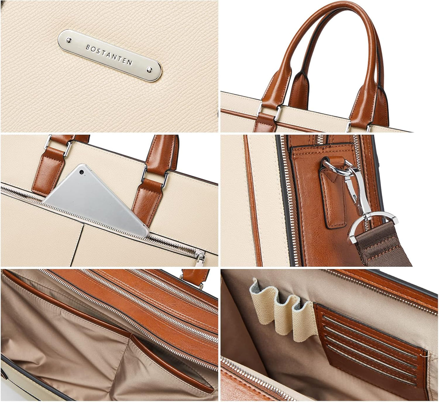 BOSTANTEN Women Genuine Leather Briefcase Tote Business Vintage Handbag 15.6" Laptop Shoulder Bag Brown