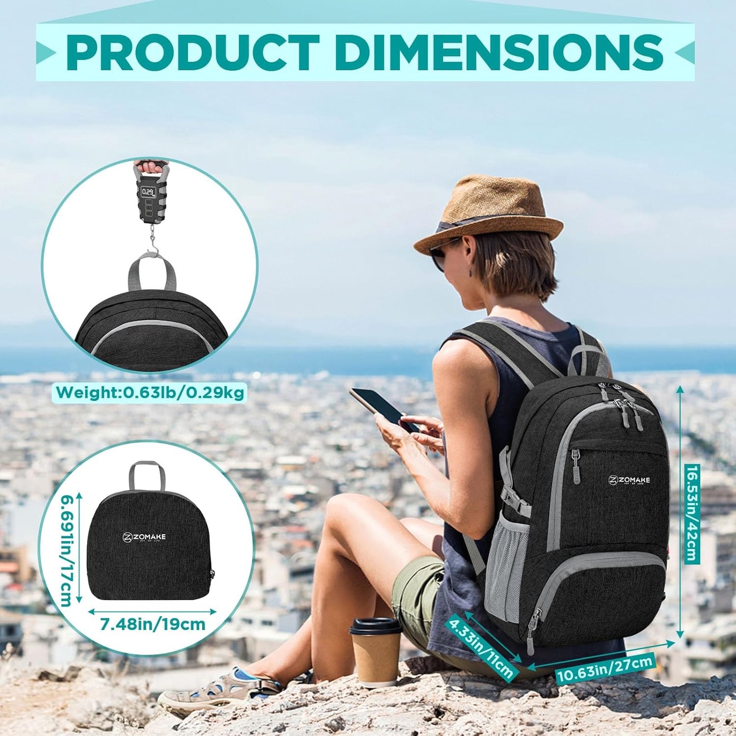 ZOMAKE Ultra Lightweight Packable Backpack 25L,Small Foldable Backpacks Hiking Water Resistant Collapsible Daypack for Women Men(Black-A3)