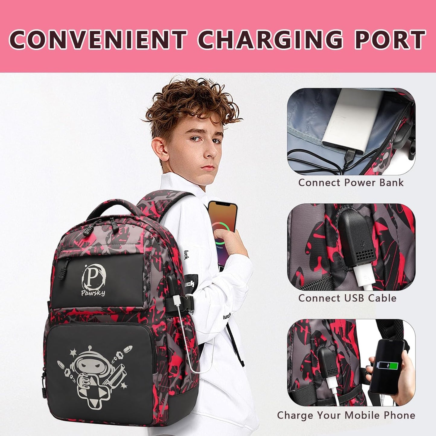 School Backpack with USB Charging Port for Teen Boys, Anime Luminous Backpack College School Bookbag Lightweight Laptop Bag with Sling Bag Set, Red