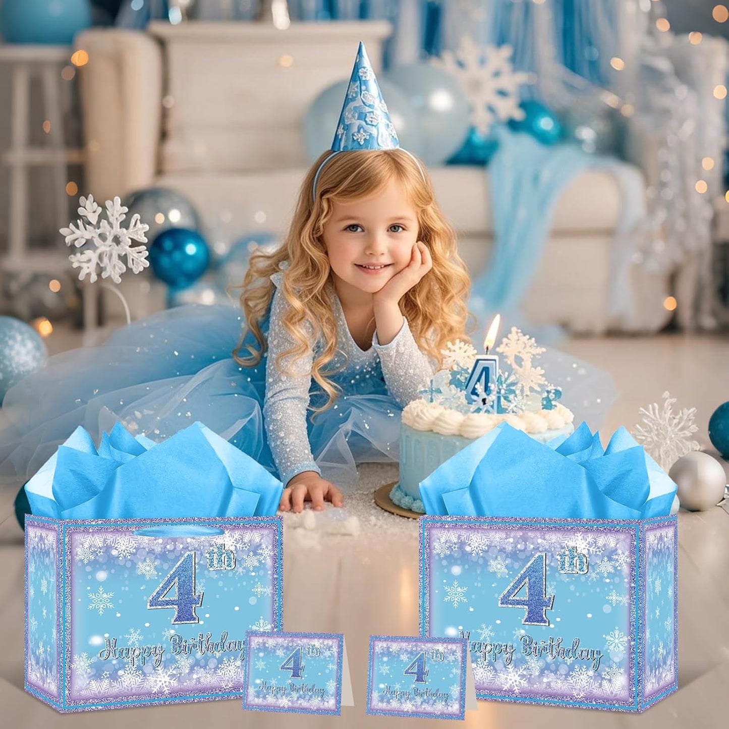 Frozen 4th Birthday Gift Bag for Girls, Large Purple Blue Snowflake Four Birthday Bags with Tissue Paper and Greeting Card Snow Frozen 4 Years Old Party Favor Bags for Girls 4th Bday Christmas Gift