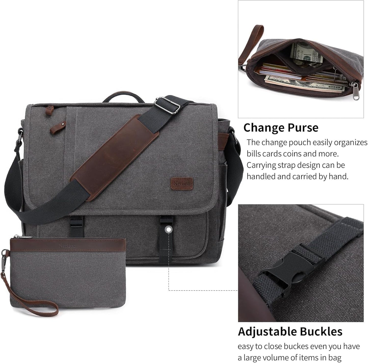 Nerlion Messenger Bag for Men 17-17.3 Inch Laptop Bag Canvas Water-resistant Computer Bag Shoulder