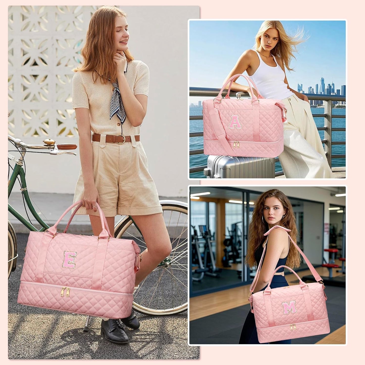 Gifts for Teen Girls Initial Travel Duffle Bag Quilted Weekender Bags Carry-On Overnight with Cosmetic Bag, Gym Bag with Shoe Compartment Hospital Bag for Women Labor Delivery, Pink-N