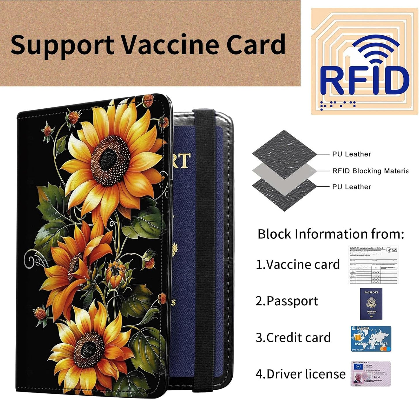 Passport and Vaccine Card Holder Cover Combo,Travel Passport Holder Wallet with RFID Blocking, Leather Vaccine Card Slot Passport Cover Case for Women & Men,Sunflowers-1150