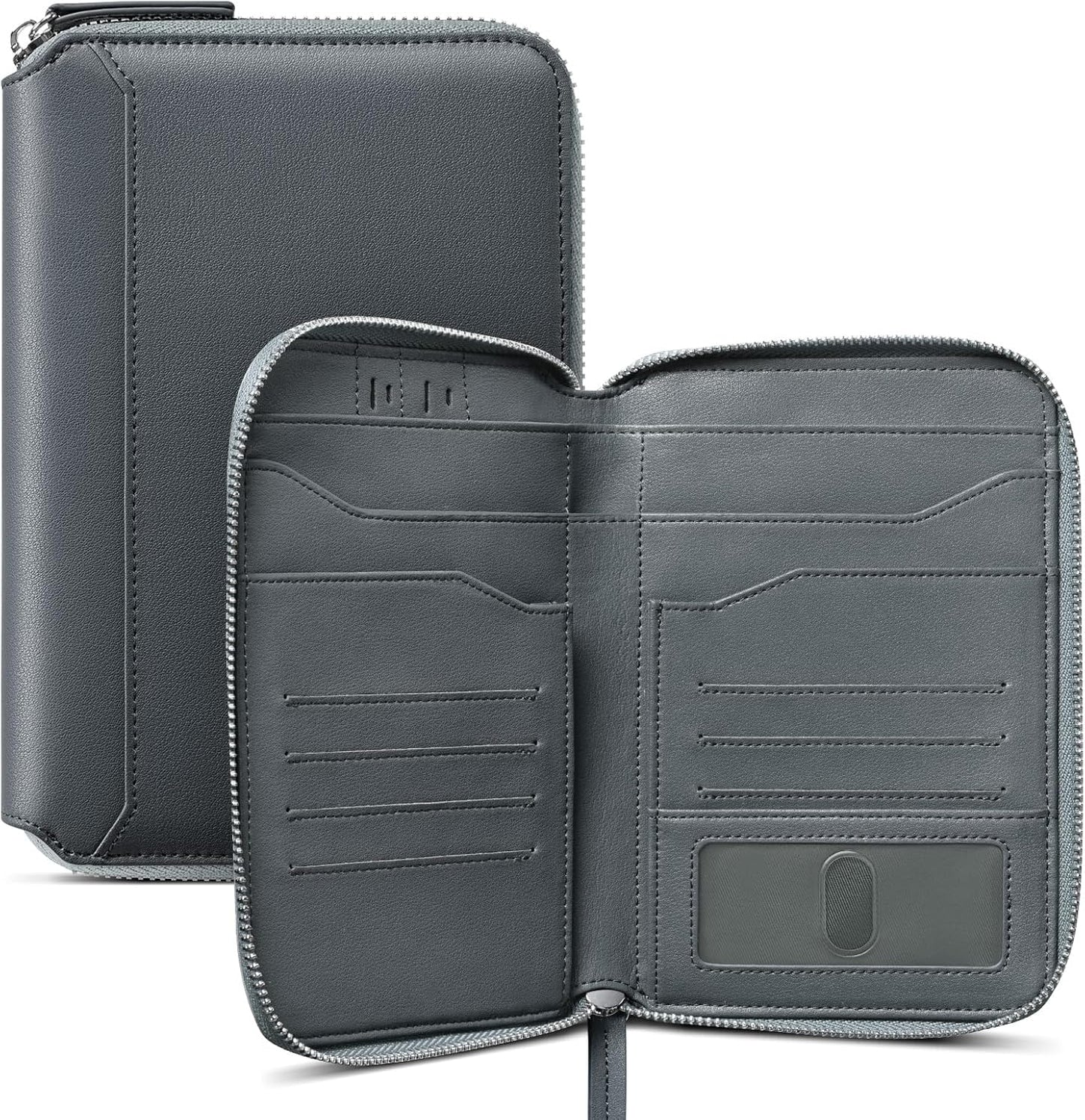 VULKIT Leather Passport Holder for 4-8 Passports Family RFID Blocking Passport Wallet with Zipper Travel Documents Organizer for Men or Women (Navy)