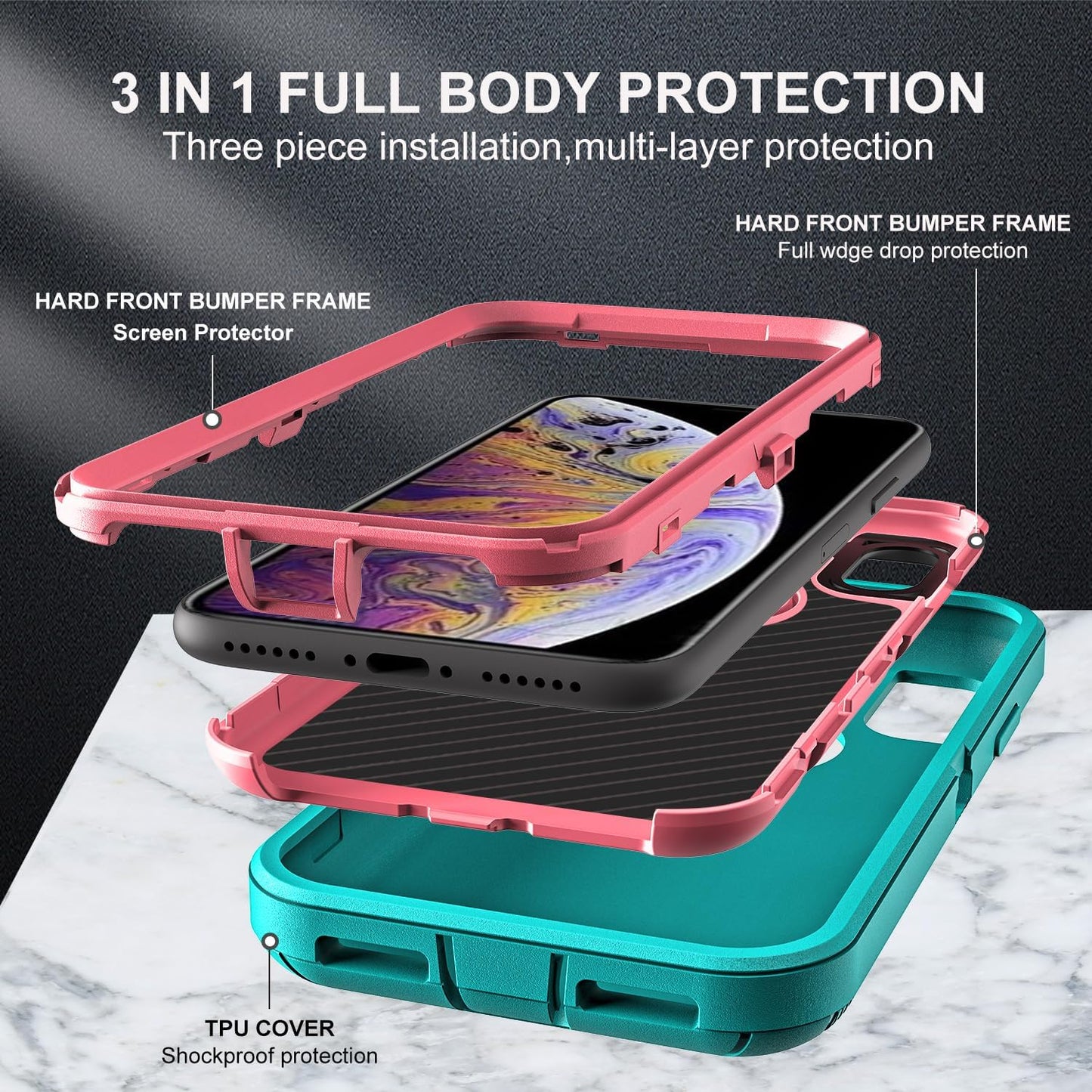for iPhone Xs Max Case, Military Grade 3 in 1 Heavy Duty Shockproof/Drop Proof/Dust Proof Case with 2Pcs Tempered Glass Screen Protector (Aqua Blue/Pink)