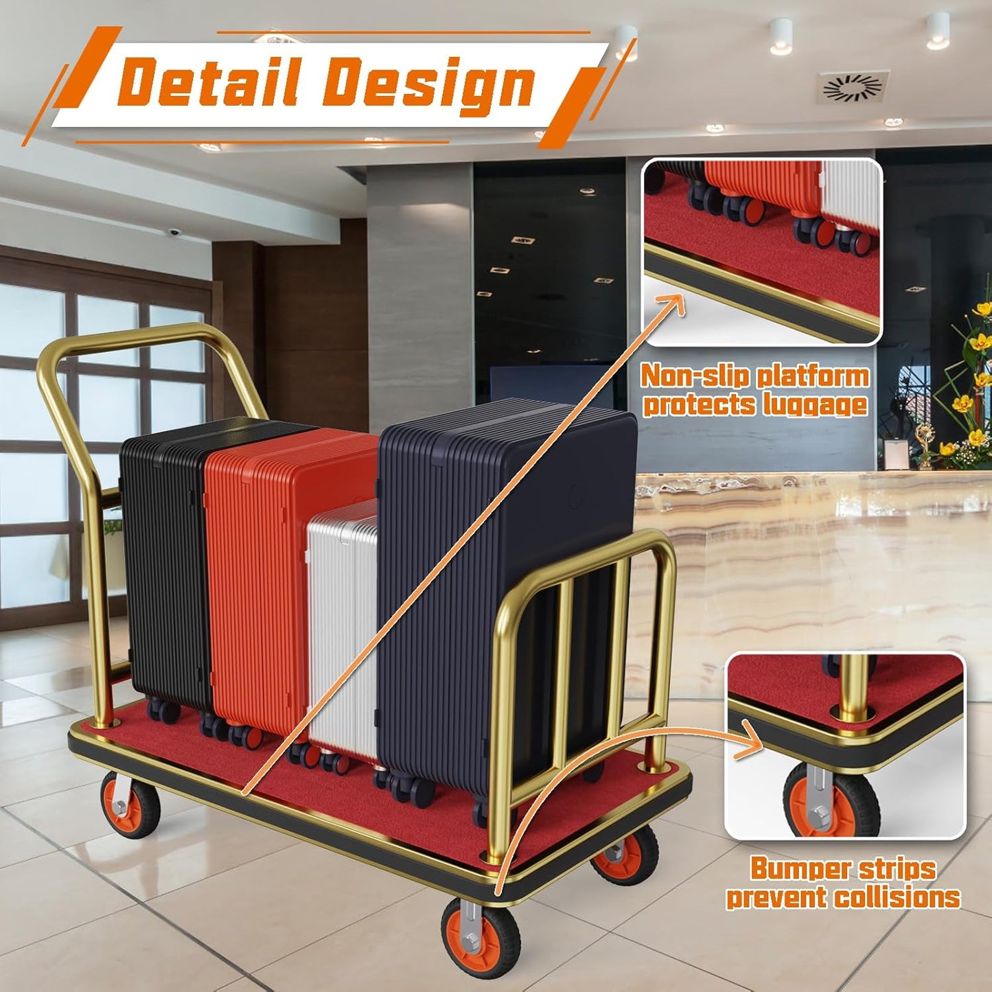 Gold Hotel Luggage Cart,42"x24" Bellman Cart with Baffle Guardrail and 6In Caster Weight Capacity Up to 850LBS Provide Convenience to Guest Gold Finished Hotel Cart Add Elegance to Hotel&Resort