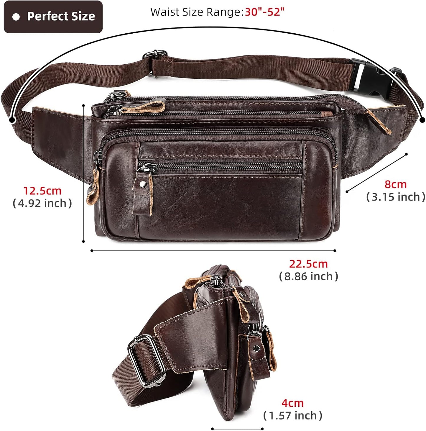 Leather Fanny Pack for Men Women, Fashion Waist Packs Small Crossbody Chest Bag with Adjustable Belt for Outdoor Travel Hiking Cycling