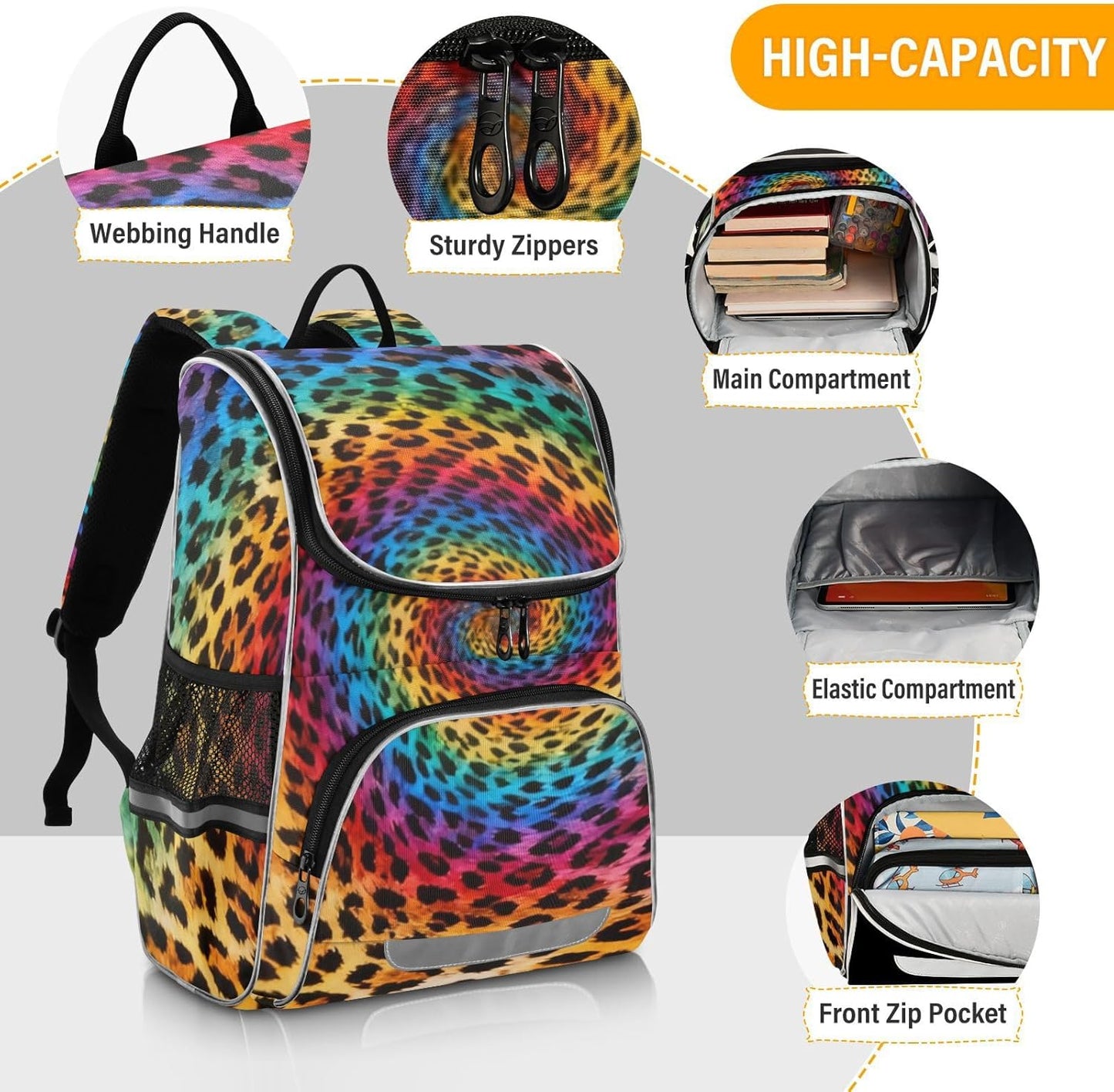 Rainbow Leopard Print Tie Dye Cute Backpack For Girls Kids Backpack Boys Teen School Bag Bookbag Travel Daypacks