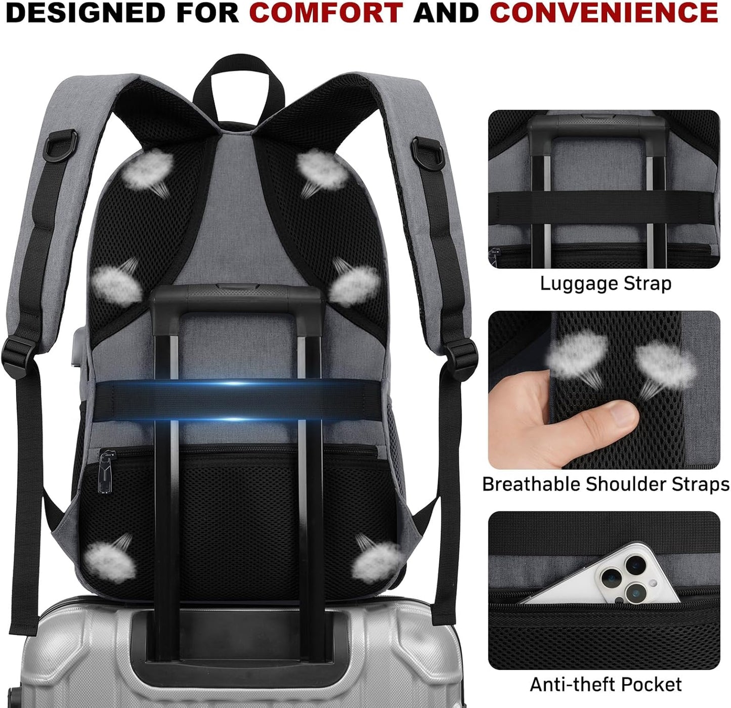 School Laptop Backpack for Women Men: 15.6 Inch College High School Backpacks with USB Charging Port Waterproof Travel Back Pack with Anti-theft Pockets Casual Work Daypack for Boys Students (Gray)