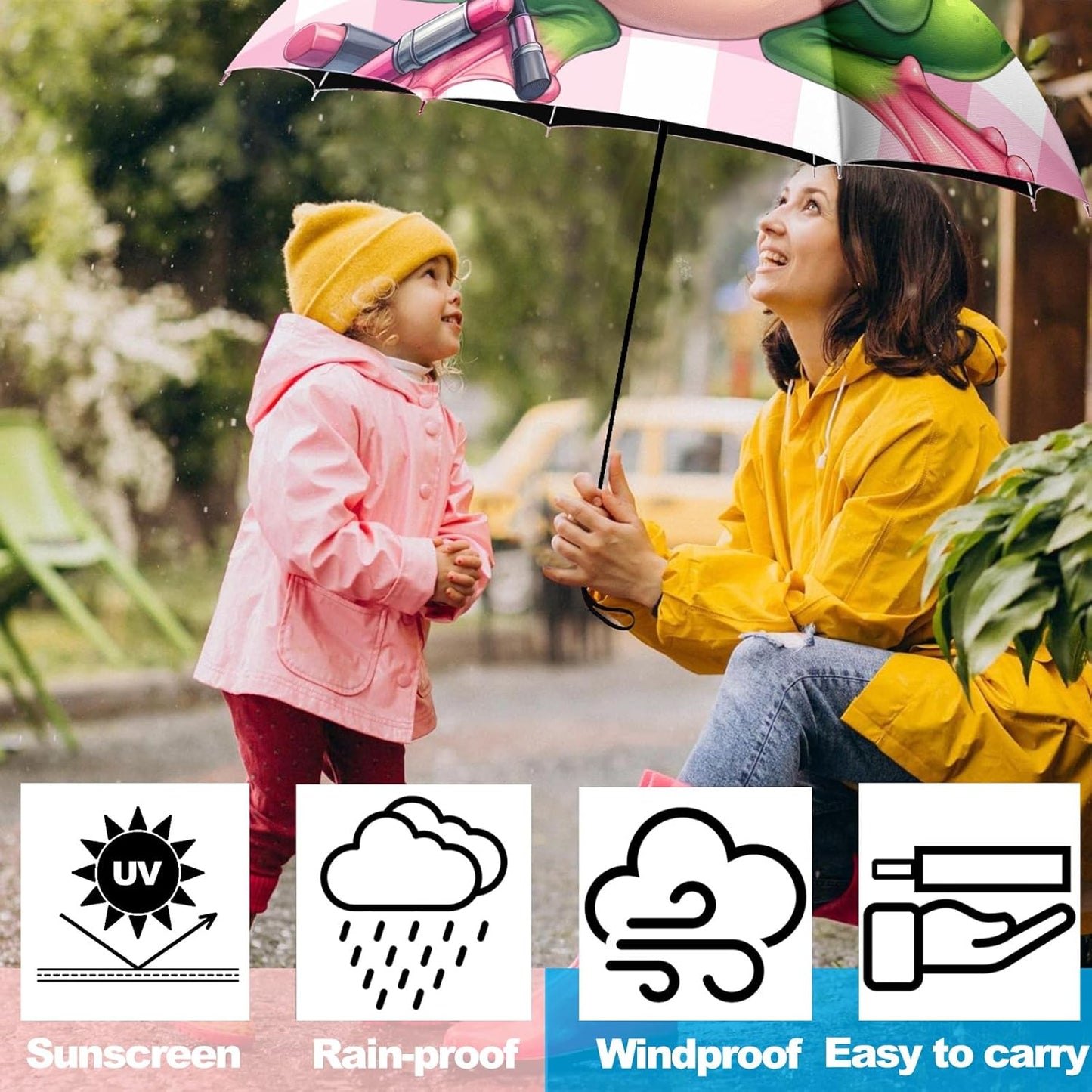 Small Travel Folding Umbrella for Girl, Portable, UV, SunShade, Compact, Automatic, Rain & Wind