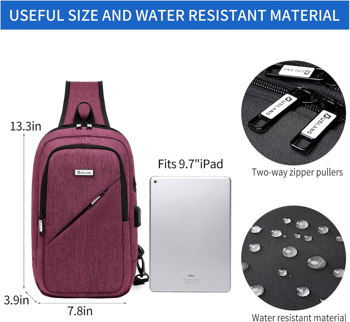 DUSLANG Hiking Crossbody Sling Backpacks Sling Bag for Men, Shoulder Backpack Chest Bags with USB Charger Port