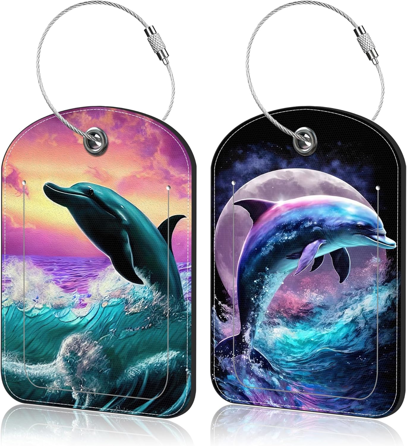 2 Pack Luggage Tag for Suitcase Jumping Dolphin Leather Suitcase Tags with Privacy Name ID Label and Stainless Steel Loop for Travel Bag