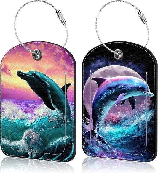 2 Pack Luggage Tag for Suitcase Jumping Dolphin Leather Suitcase Tags with Privacy Name ID Label and Stainless Steel Loop for Travel Bag