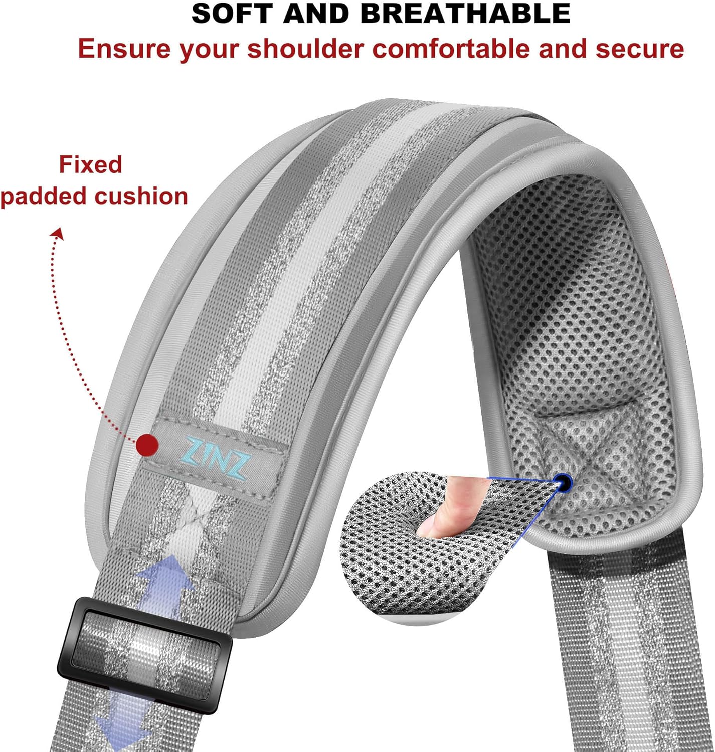 ZINZ Shoulder Strap - 59 Inch Universal Heavy-duty Adjustable Strap with Ultra-thick Fixed Breathable Pad for Laptop, Gym, Camera Bag and More - Gray Silver Jacquard