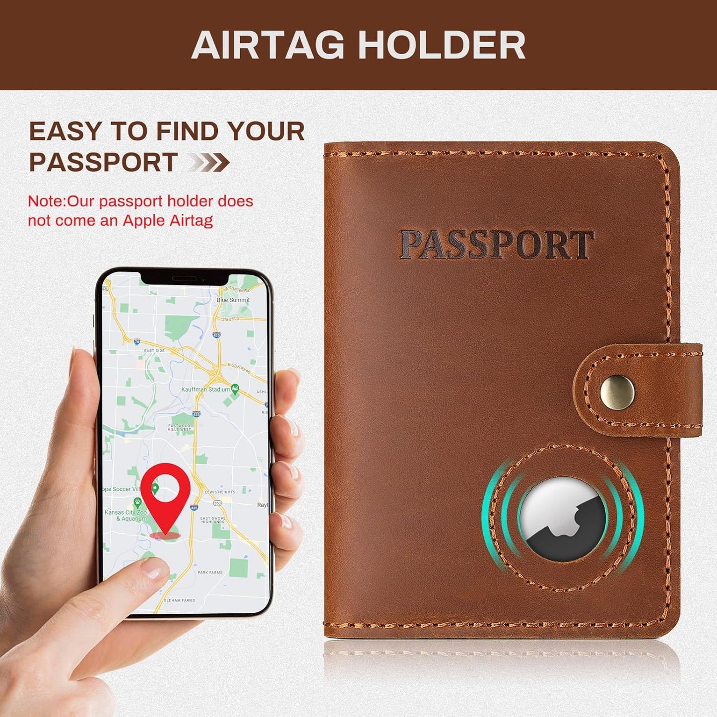 Full Grain Leather Passport Holder with AirTag, Travel Passport Wallet and Air Tag Cover for Men and Women, with 4 Card Holder