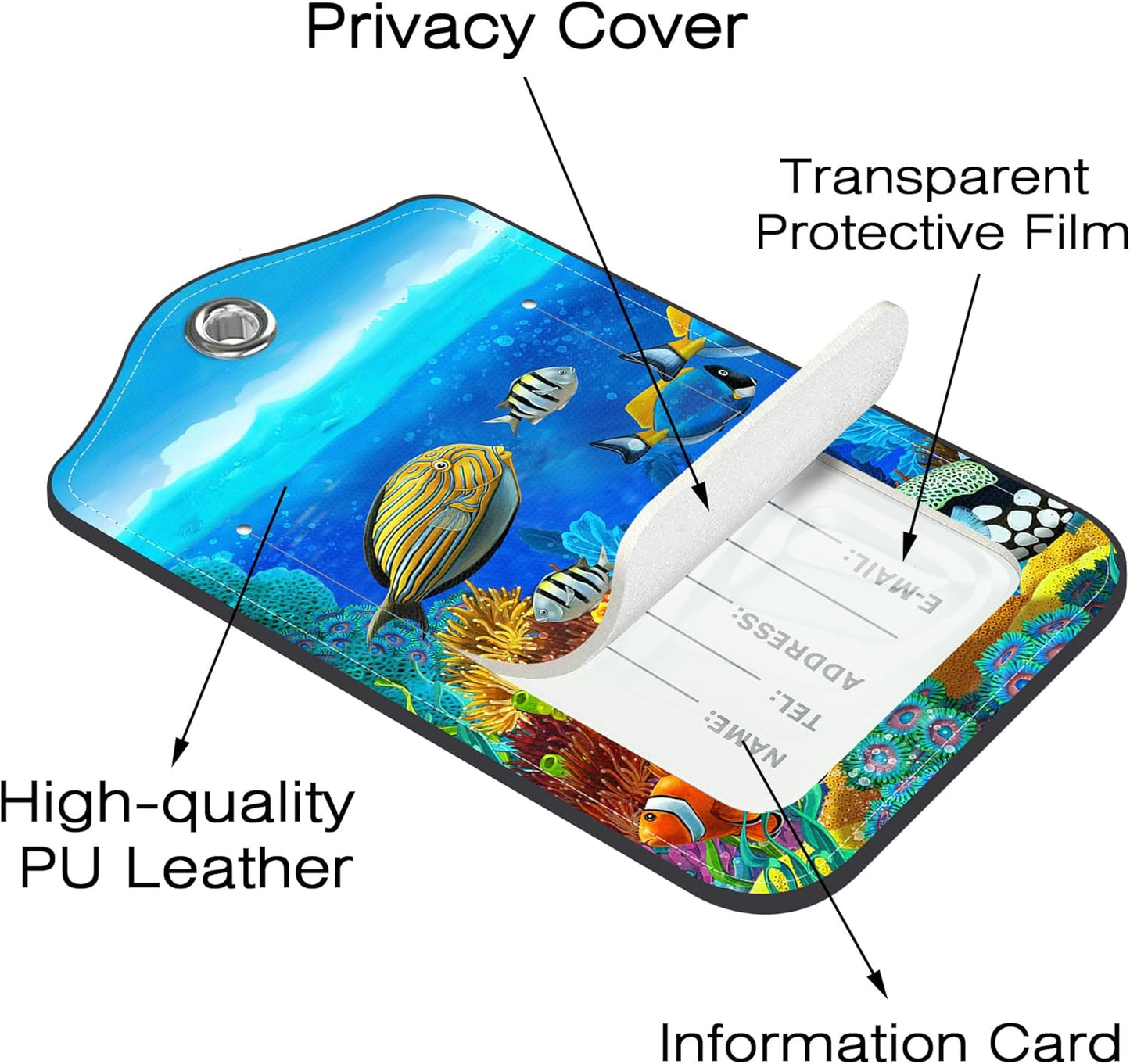 2 Pack Luggage Tags,Tropical Fish PU Leather Idea Baggage Tag with ID Labels Privacy Cover Metal Ring Men and Women Travel Bag Labels