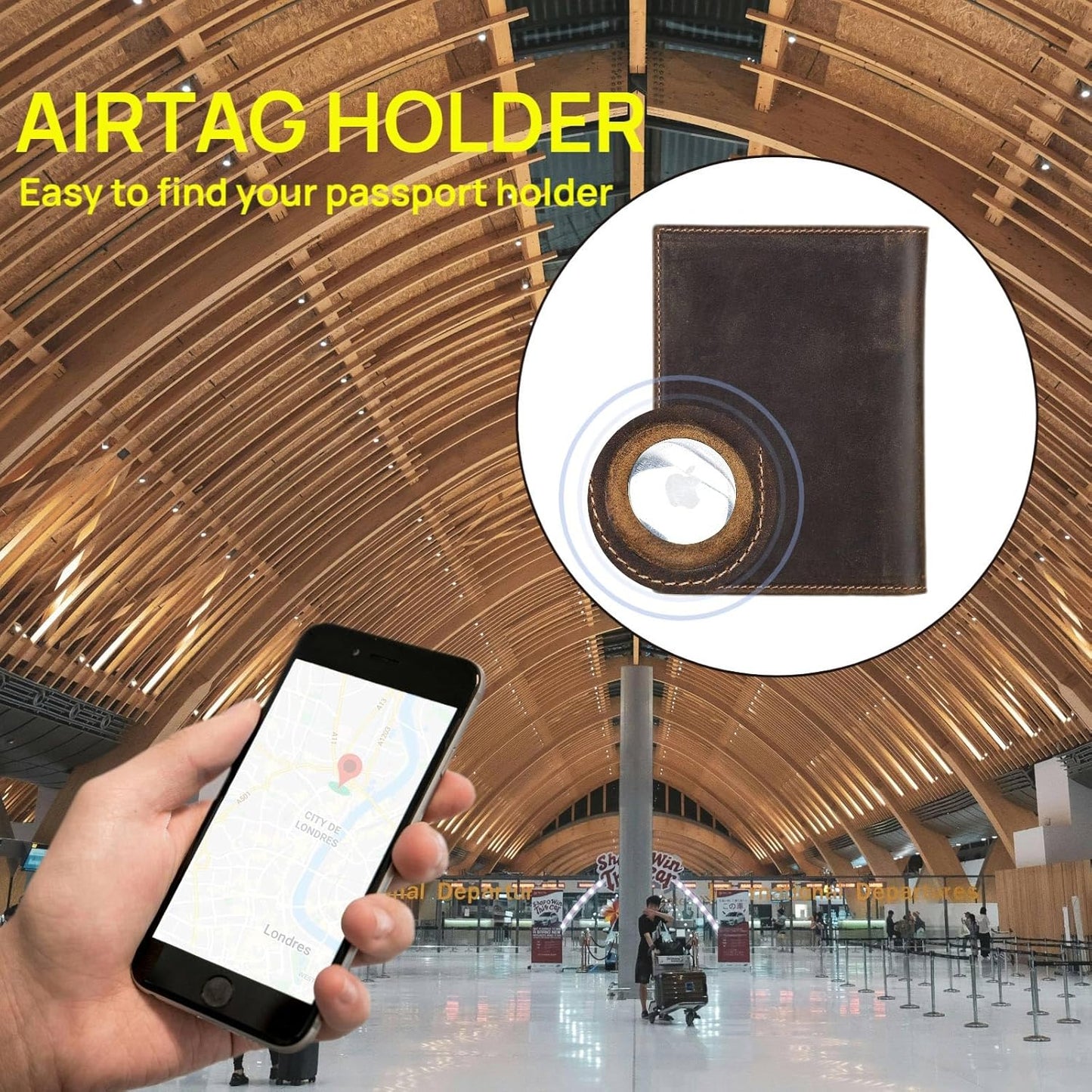 HIDO RFID Passport Holder for Travel, Leather Travel Wallet with Airtag Slot & RFID Blocking