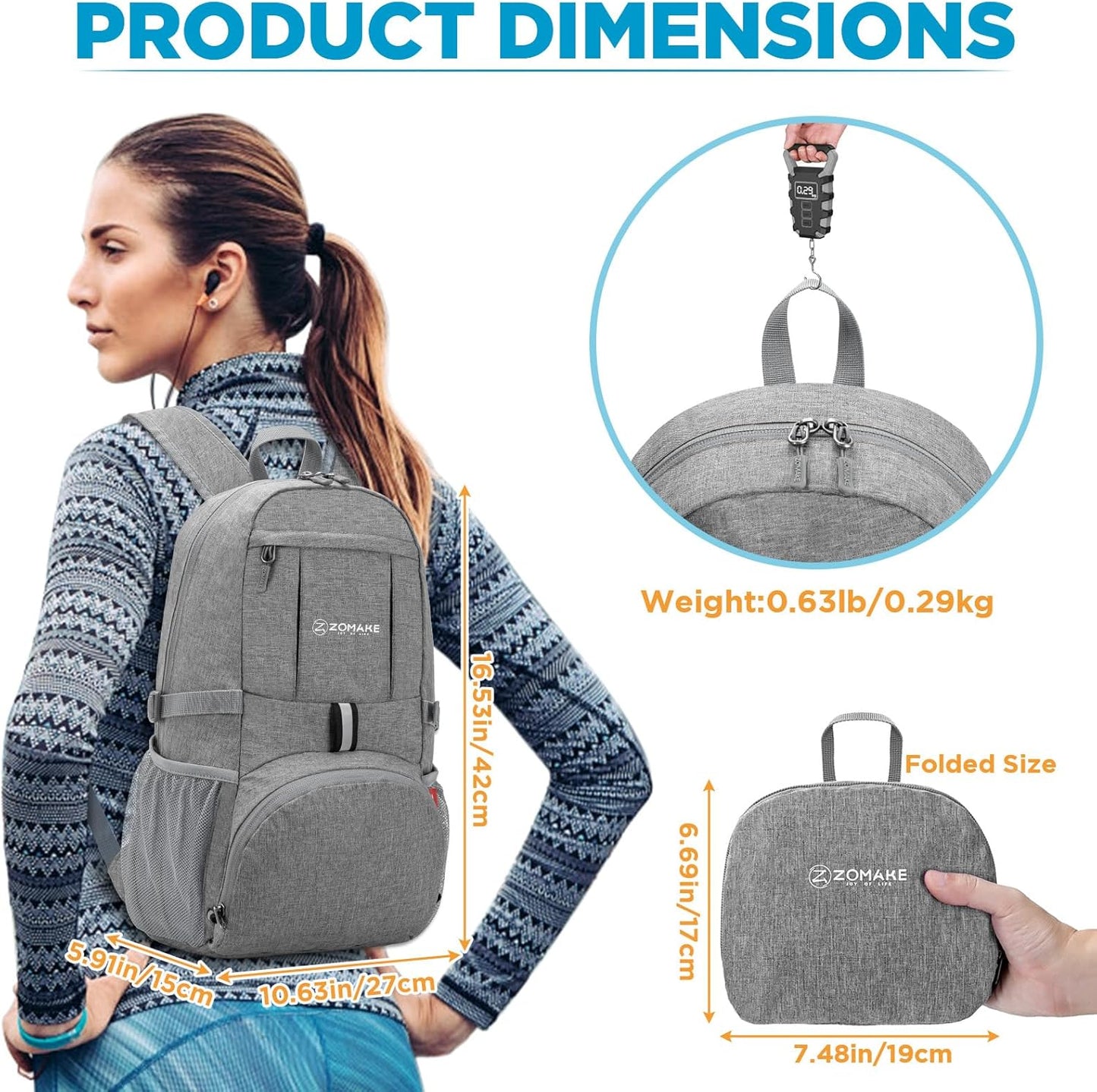 ZOMAKE Ultra Lightweight Packable Backpack 25L,Small Foldable Backpacks Hiking Water Resistant Collapsible Daypack for Women Men(Grey-A3)