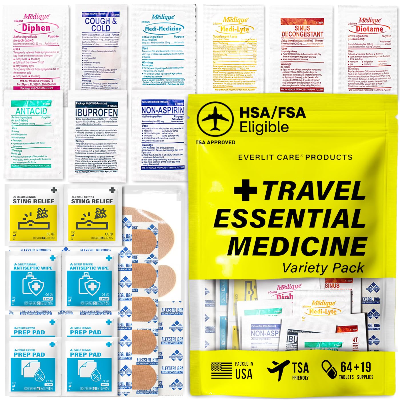 EVERLIT CARE Travel Essential Medicine First Aid Kit I Bonus Medical Supplies I TSA Compliant Mini