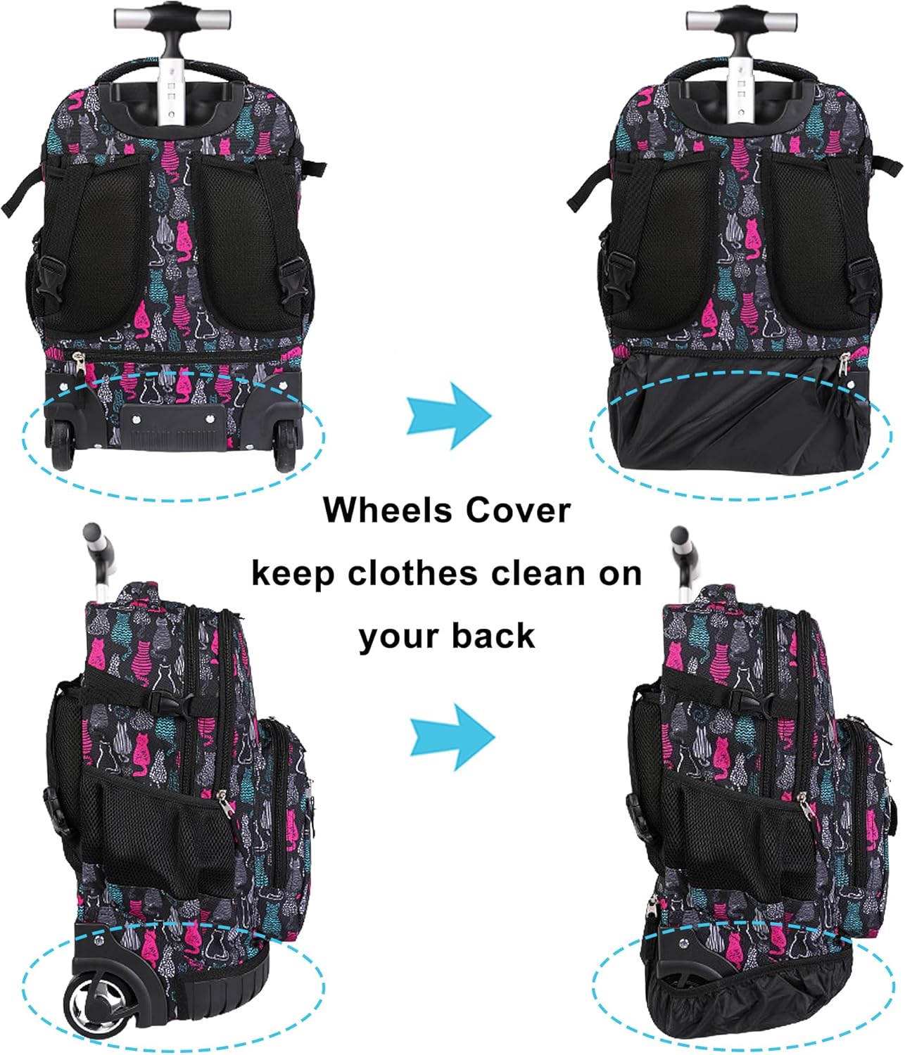 Tilami Rolling Backpack 19 inch with Lunchbox Wheeled Laptop Backpack, Cat Black