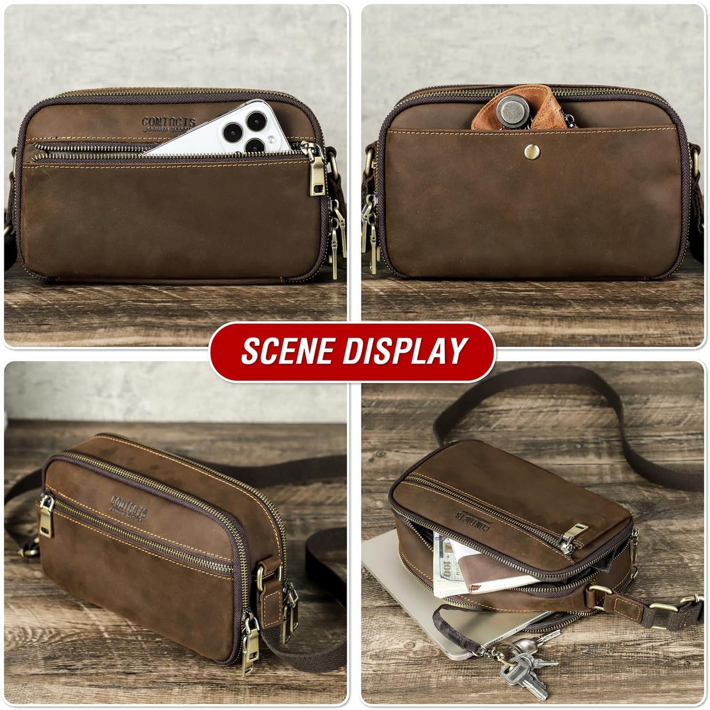 Top Grain Leather 8.3" Messenger Bag for Man & Woman, Multi Pockets, Fits to 7.9"/8.3" iPad for Daily/School/Business/Travel