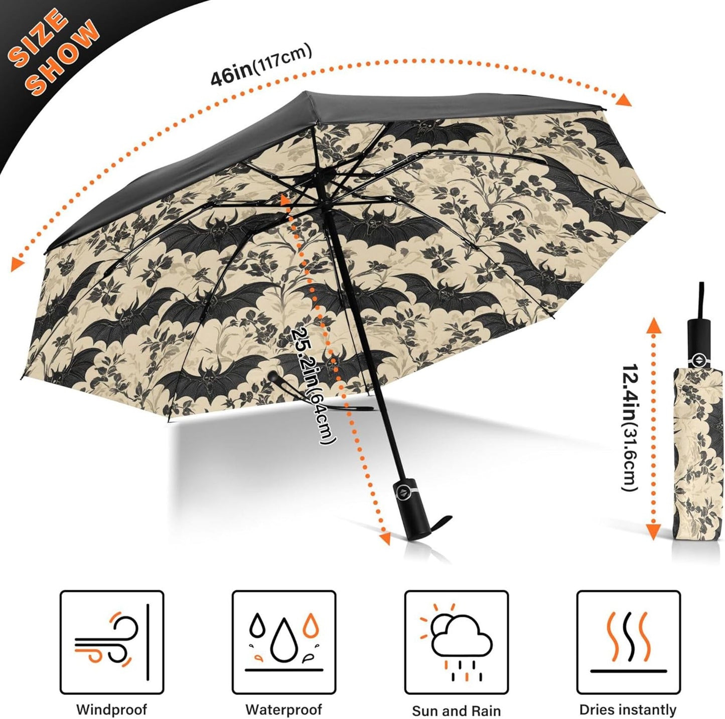 Automatic Folding Umbrella Windproof Strong, UV Protection Compact Black Gothic Moon Spider Webs and Bats Sun Rain Sun Rain Travel Umbrellas for Women Men