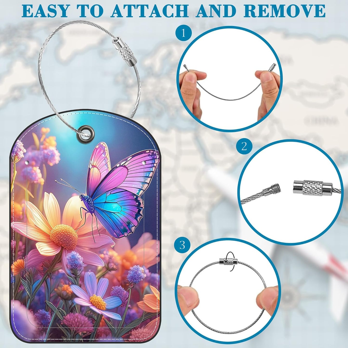 Cute Butterflies and Flowers Leather Luggage Tag for Suitcase 2 Pack Luggage Tag with Privacy Name ID Label and Stainless Steel Loop for Travel Bag Suitcase