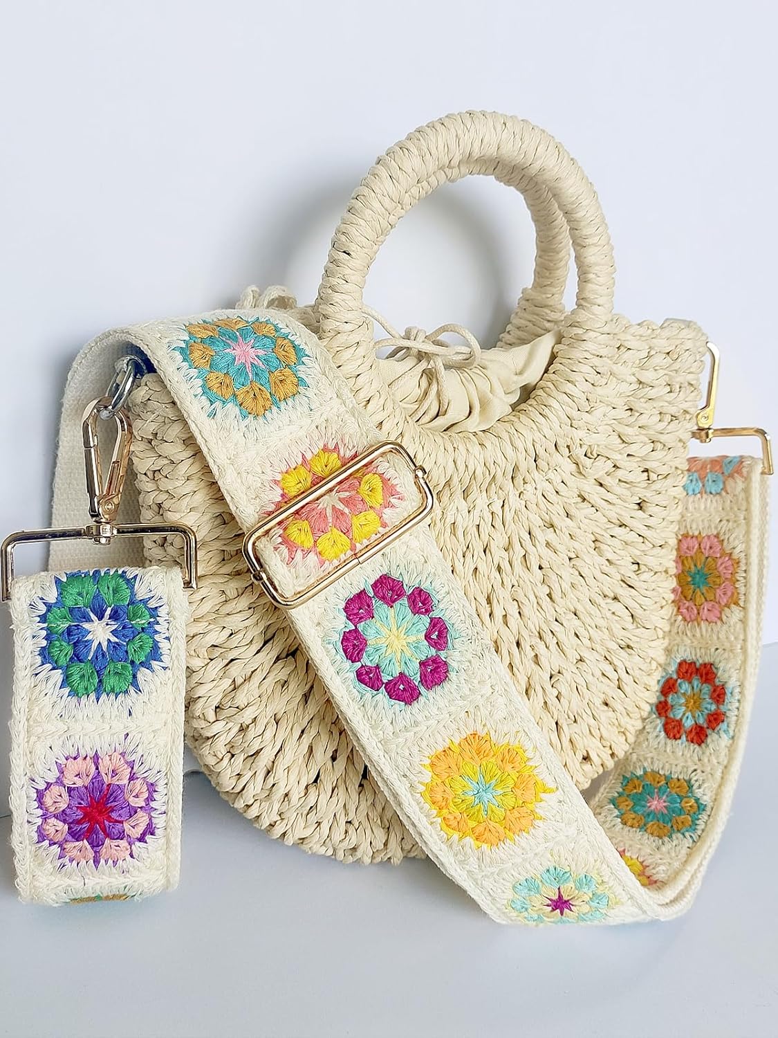 Embroidery Flower Purse Strap Replacement Crossbody 2 Inch Wide with Letter S Keychain for Women's Handbags