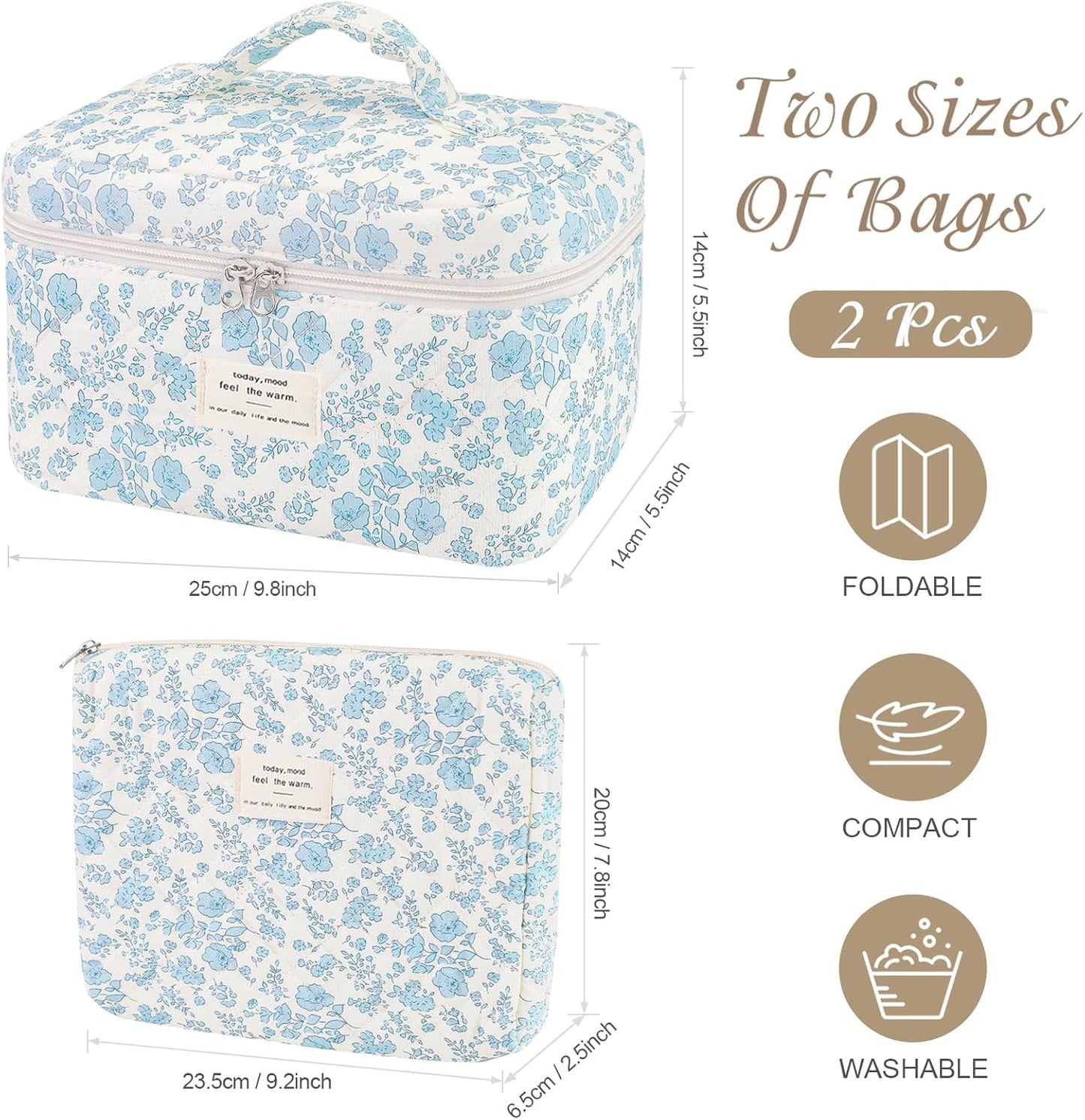 2 Pcs Quilted Makeup Bag, Floral Cosmetic Bag Cotton Large Travel Coquette Toiletry Puffer Bag Aesthetic Cute Little Bule Flower Makeup Bag for Women Girls