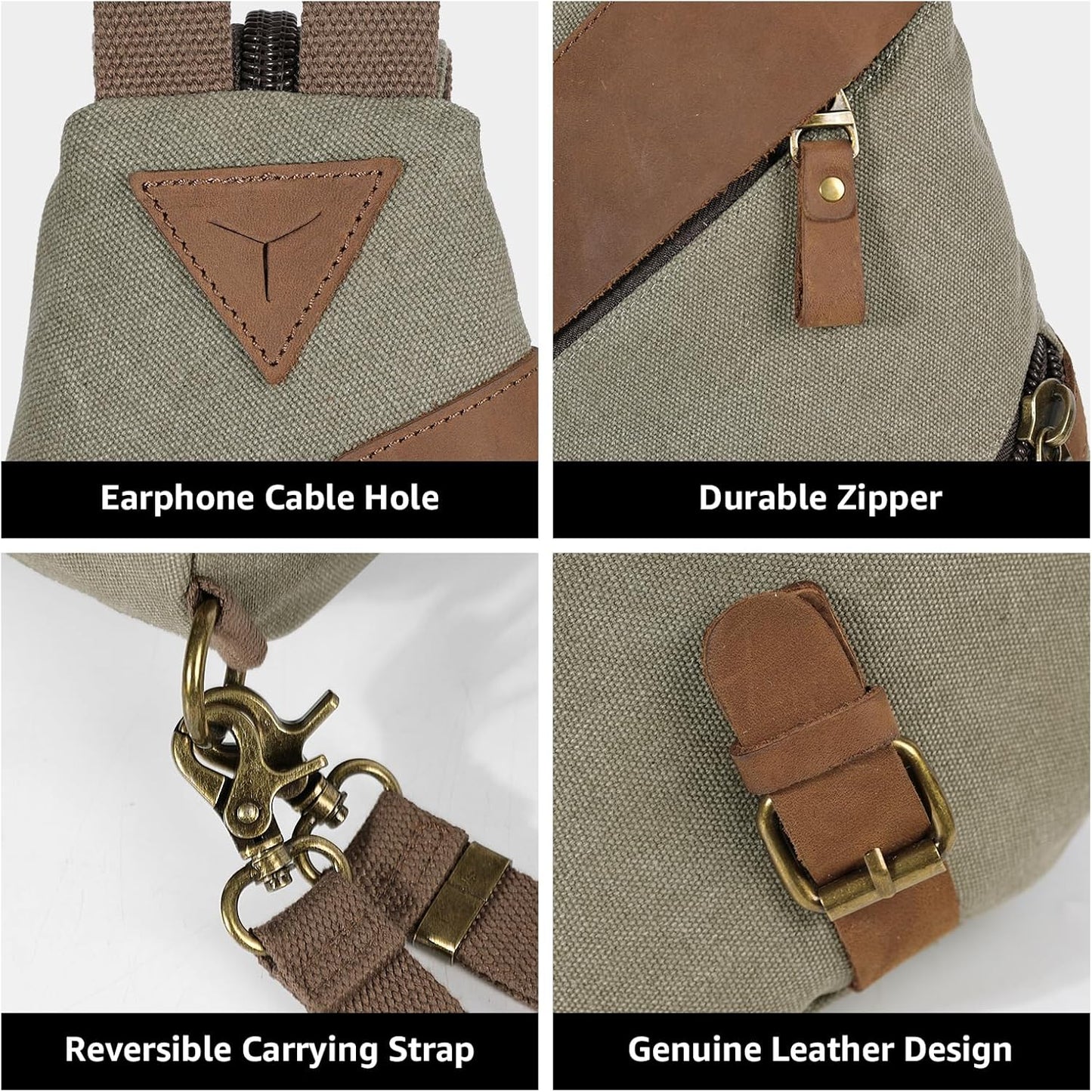 KL928 Canvas Sling Bag for Men Women, Genuine Leather Design Shoulder Crossbody Bags Backpacks Travel Daypack with Earphone Hole Rucksack, Olive Green