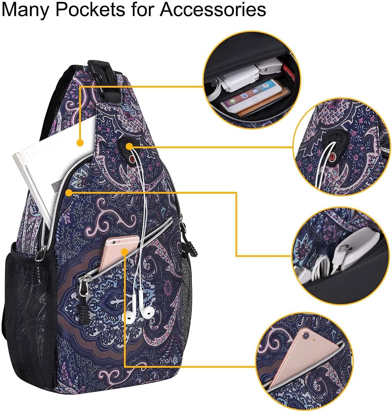MOSISO Sling Backpack,Travel Hiking Daypack Pattern Rope Crossbody Shoulder Bag, Navy Blue Base Totem Texture