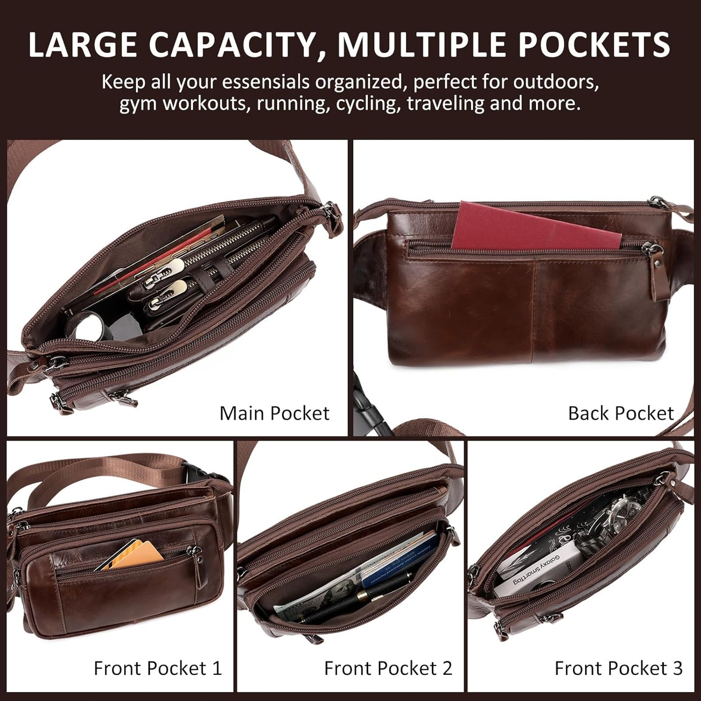 Leather Fanny Pack for Men Women, Belt Bag Fashion Waist Packs Small Crossbody Bag with Adjustable Strap for Travel Sport Walk (Coffee)