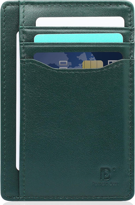 Pomelo Best Top Grain Genuine Leather Wallet for Men and Women, Slim Minimalist Front Pocket RFID Blocking Card Holder for Travel, Gifts, Dark Green