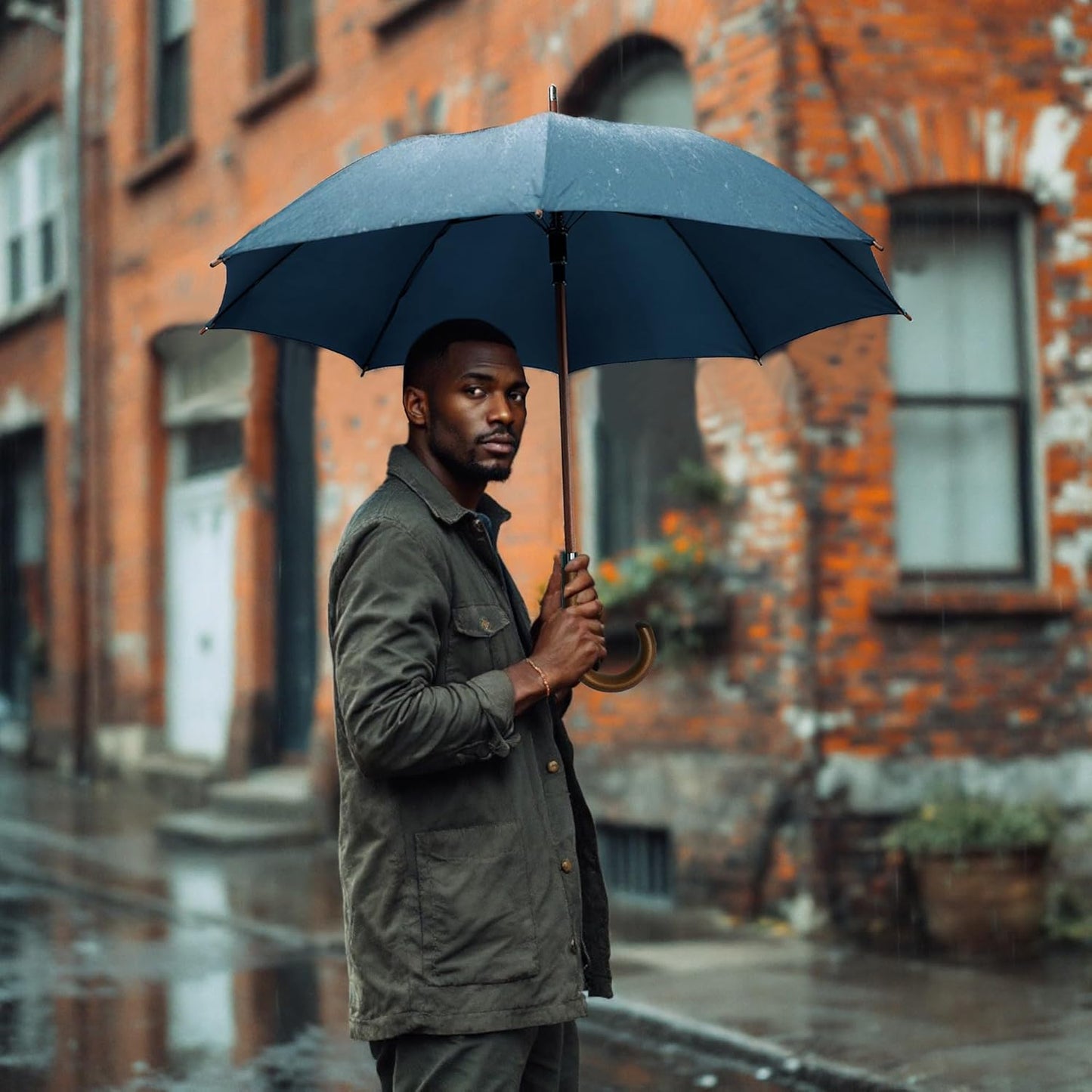 SoulRain 48" Large Umbrella –Windproof Stick Umbrellas for Rain, Automatic Open, Vintage Cane Navy Blue big Umbrella with Classic Wooden Handle,Open for 2 Persons adult,for Women & Men(Navy Blue)