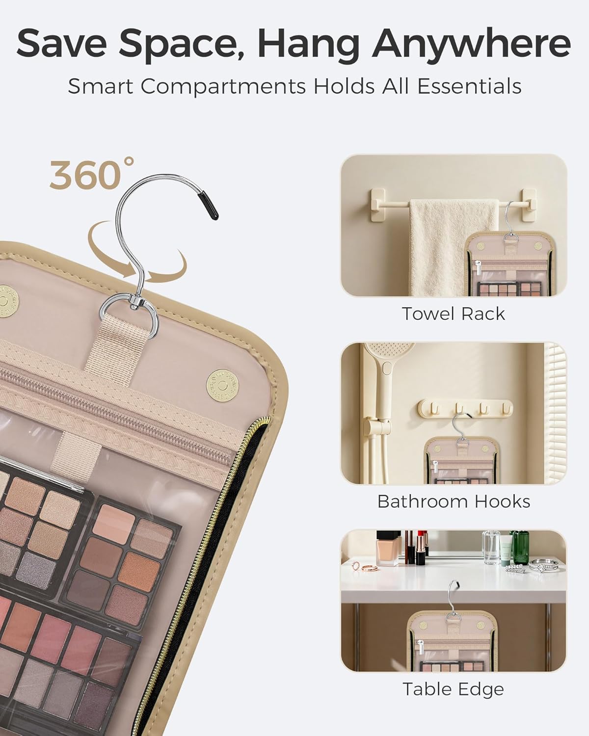 Hanging Toiletry Bag, PU Leather Makeup Bag Large Capacity with Jewelry Organizer for Brushes Set, Cosmetic Accessories, Khaki