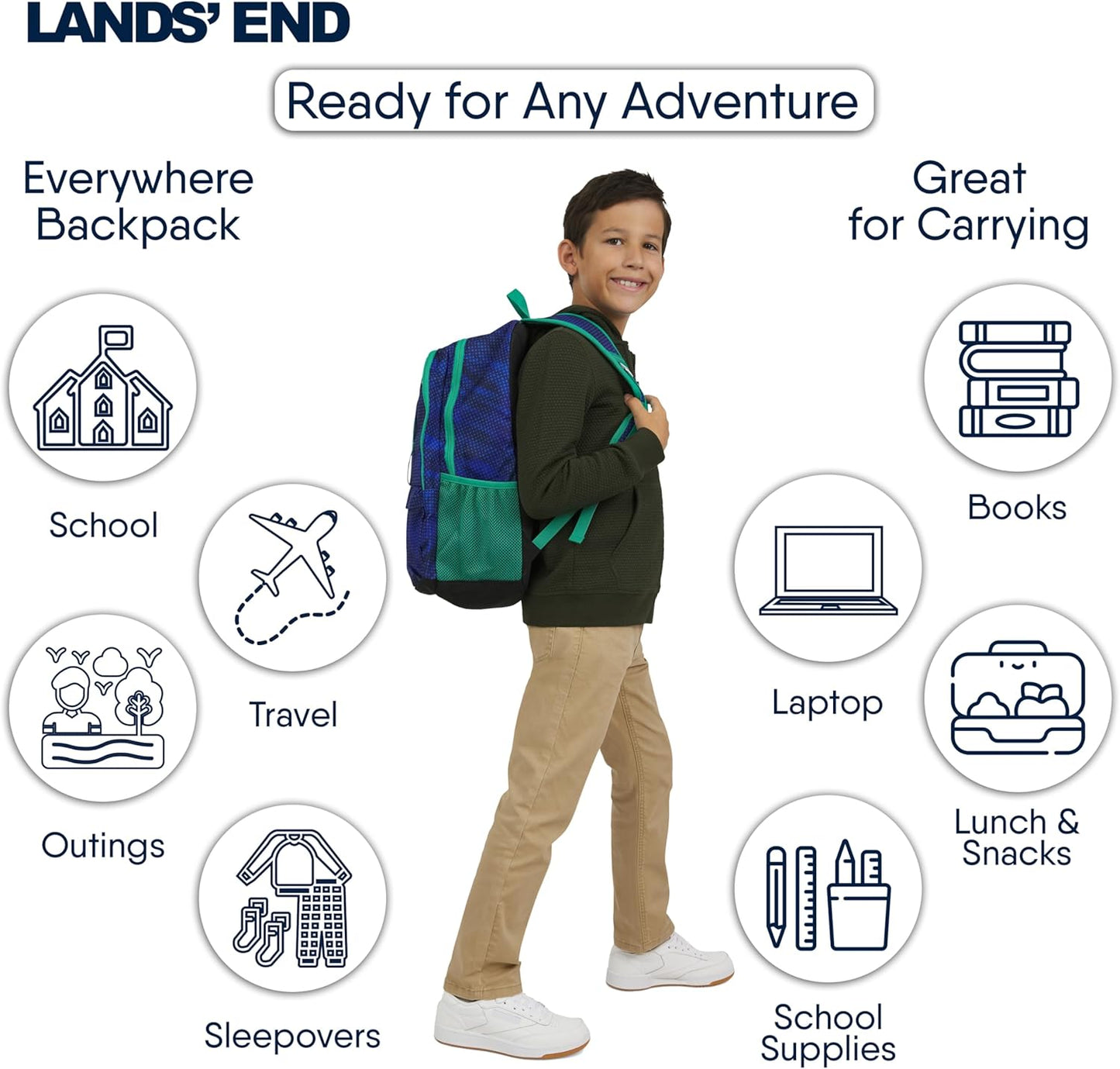 Lands' End Unisex Kids Large ClassMate Lightweight Durable Elementary School Backpack, Nicci