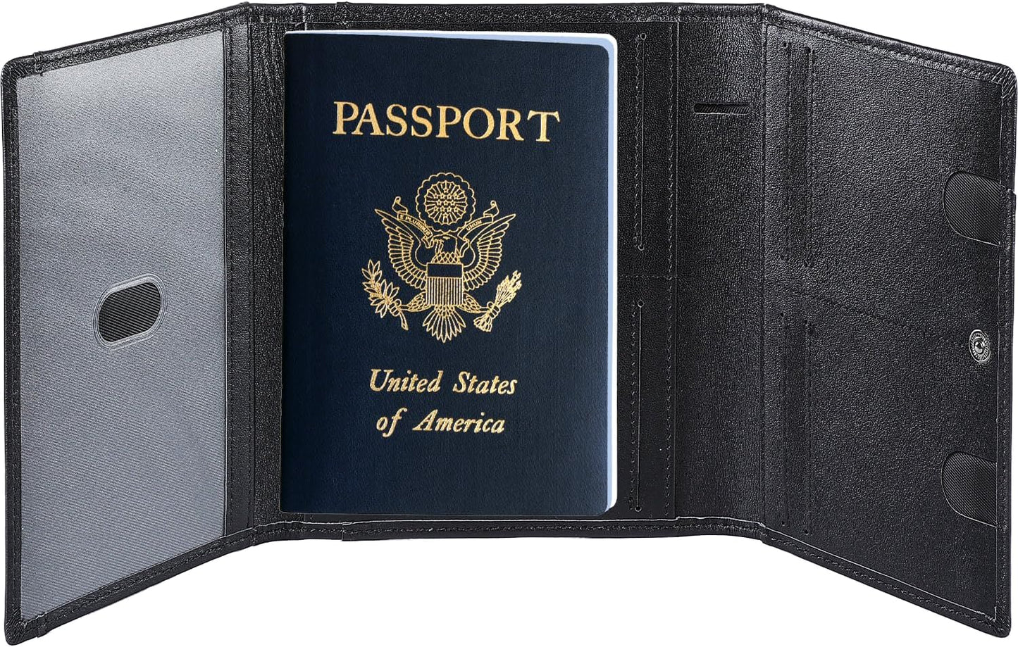 STAR VISTA Pilot Passport Wallet, Calfskin Leather Trifold Travel Documents Organizer, RFID Blocking, Dual ID Windows, Multiple Card Slots, AirTag Slot, Black