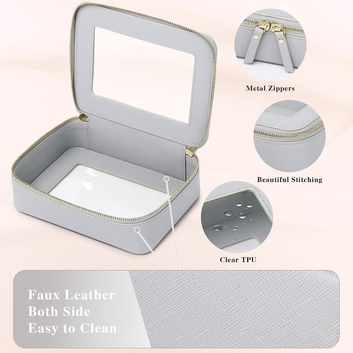 Clear Makeup Bag Set Travel Cosmetic Bag and Toiletry Bag Women's Purse Pouch Cosmetic Stroage Organizer Case with Zipper Car Essentials (Gray, M+Mini)