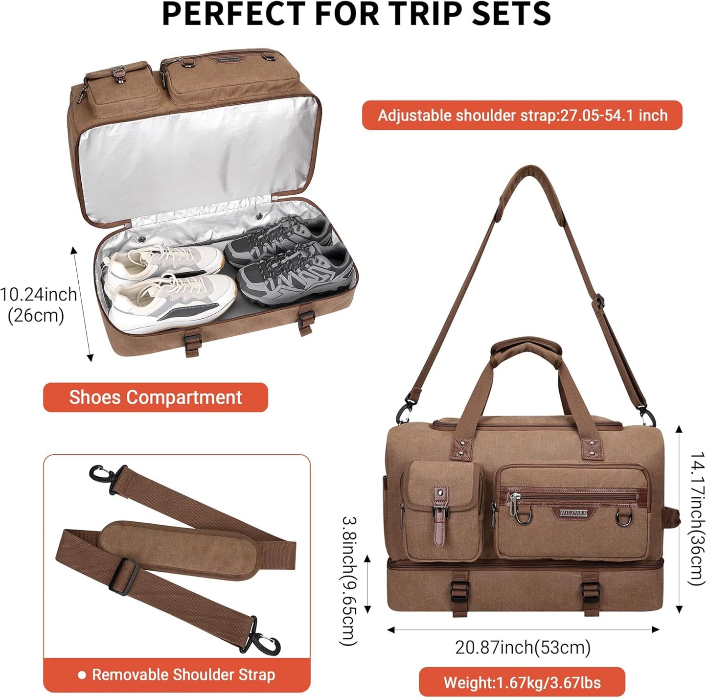 WITZMAN Canvas Weekender Bag Mens Overnight Bag for Traveling Carry on Duffle Bags with Shoes Compartment（A8010 Brown）