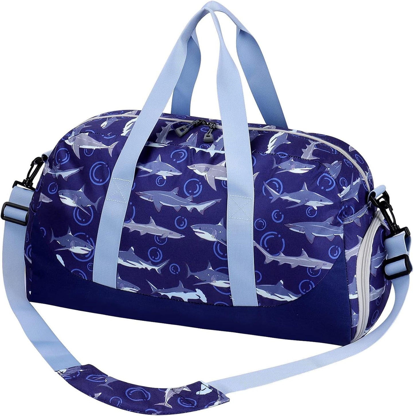 Choco Mocha Kids Duffle Bag - Boys Shark Travel Overnight Bag for Toddlers - Weekender Duffel for Children's Gym Sports Sleepover - 6-8 Gift Navy