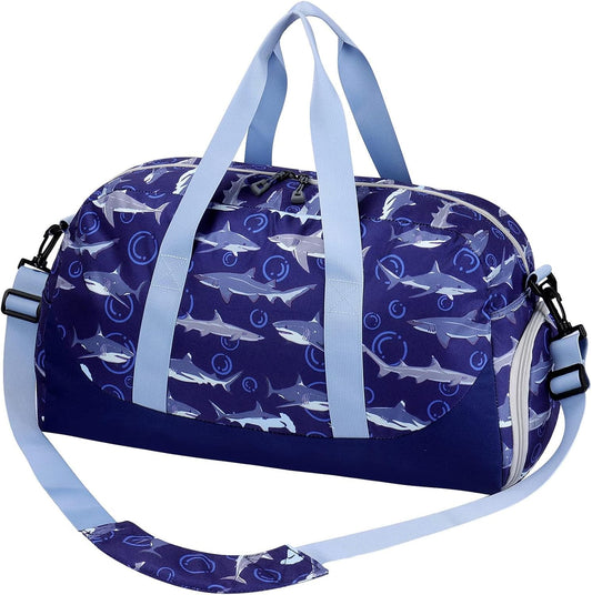 Choco Mocha Kids Duffle Bag - Boys Shark Travel Overnight Bag for Toddlers - Weekender Duffel for Children's Gym Sports Sleepover - 6-8 Gift Navy