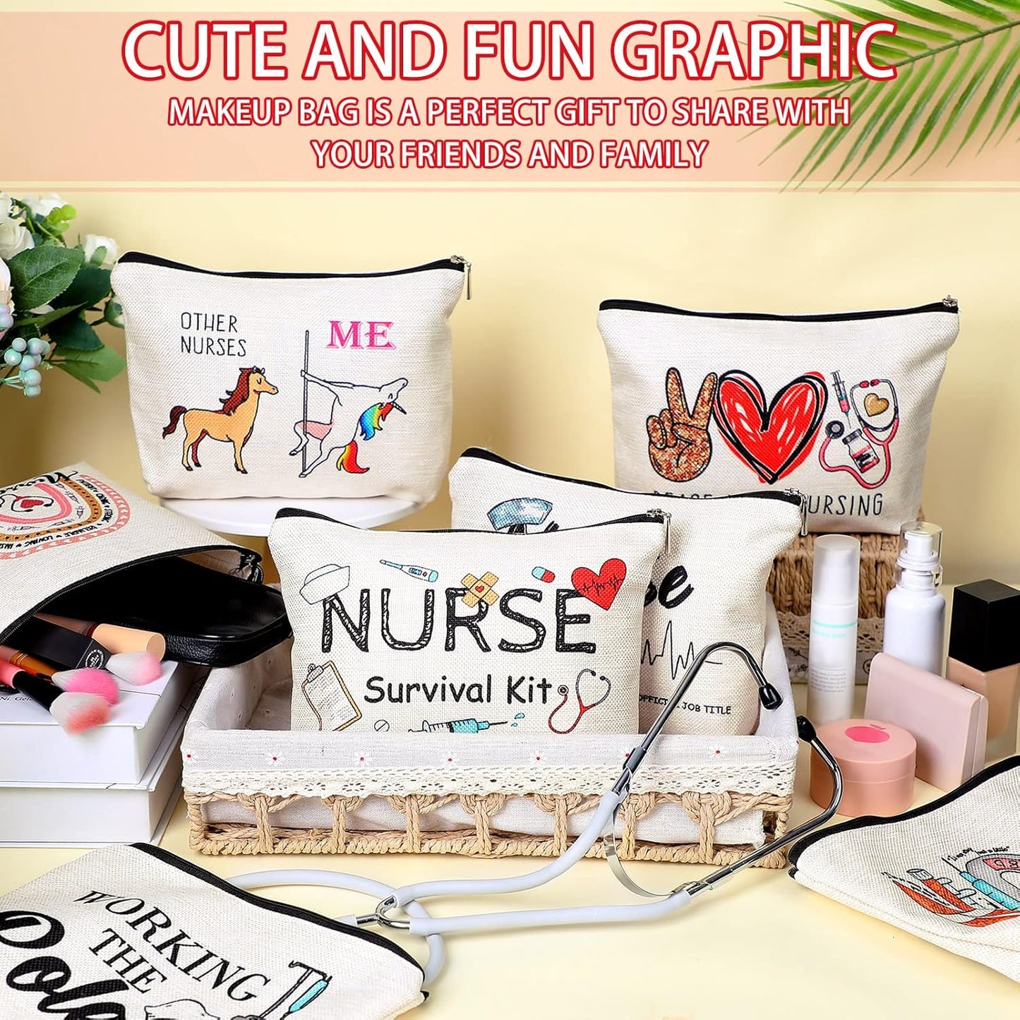 Pinkunn 9 Pcs Christmas Gifts Nurse Makeup Bags Nursing Gifts for Women Cosmetic Bag with Zipper Nursing Travel Toiletry Bag Survival Kit for Birthday Gift Funny for Nurses Student Thank You