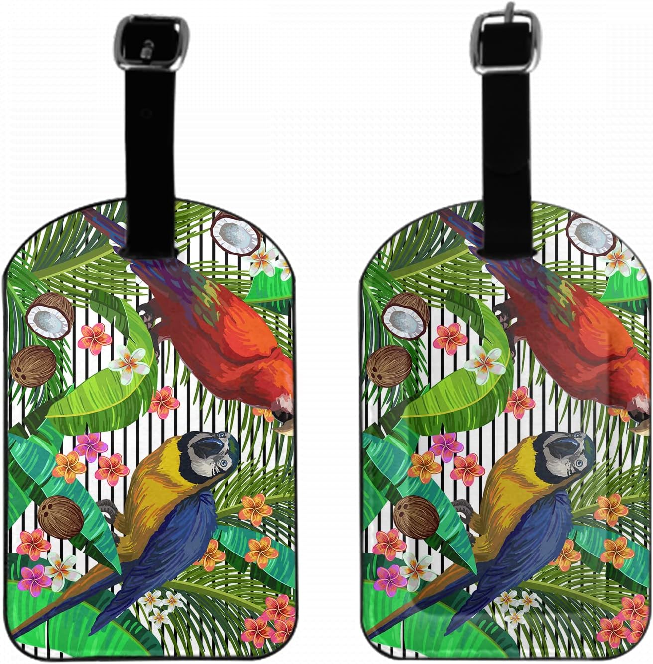 Tropical Parrot Luggage Tag with Full Privacy Cover Blue Golden Macaw Palm Leaves Flowers Coconuts Nut Travel Accessories Tags with Name ID Labels for Suitcases Women Men, 1 Pack