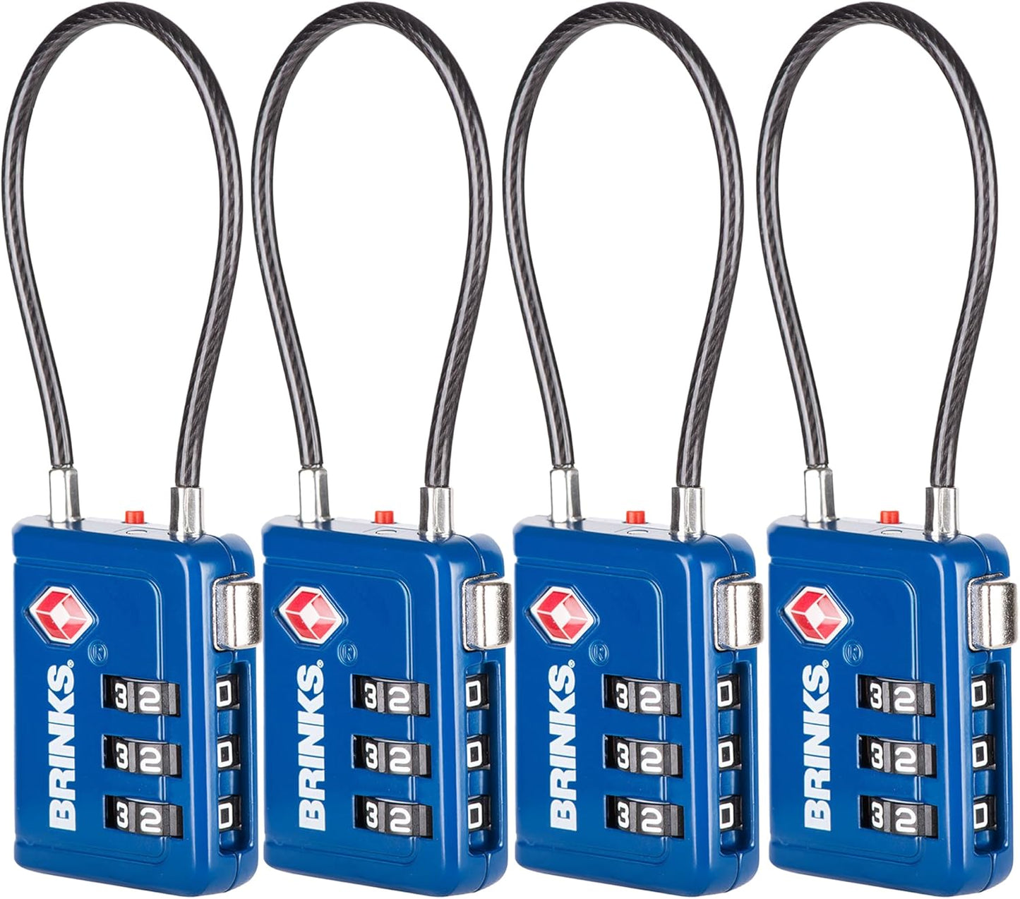 Brinks TSA Accepted Indicator Luggage Lock, Blue - Resettable 3-Dial Combination, 2.5 inch Long Cable Shackle, New More Secure TSA008 Key, 4 Pack